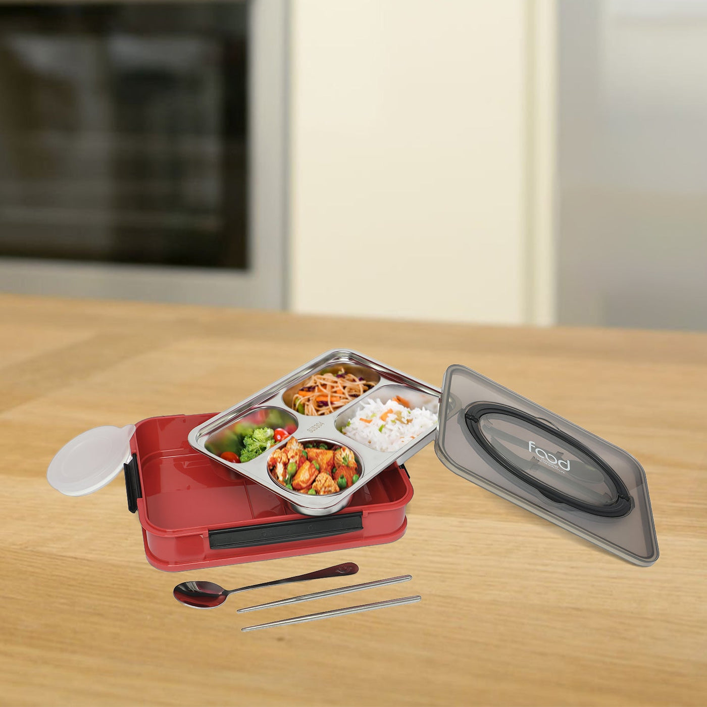 Food stainless steel 4 compartment lunchbox-1000 ml (red)