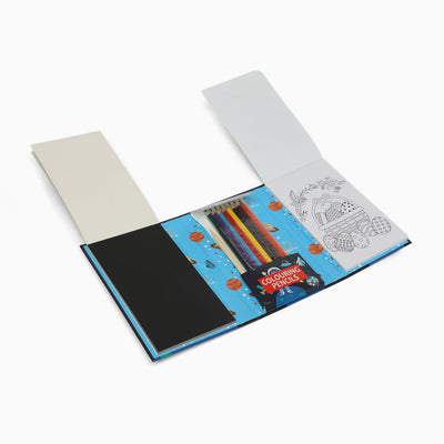 space 3 fold colouring book with scratch notes,colouring pencil and stencil
