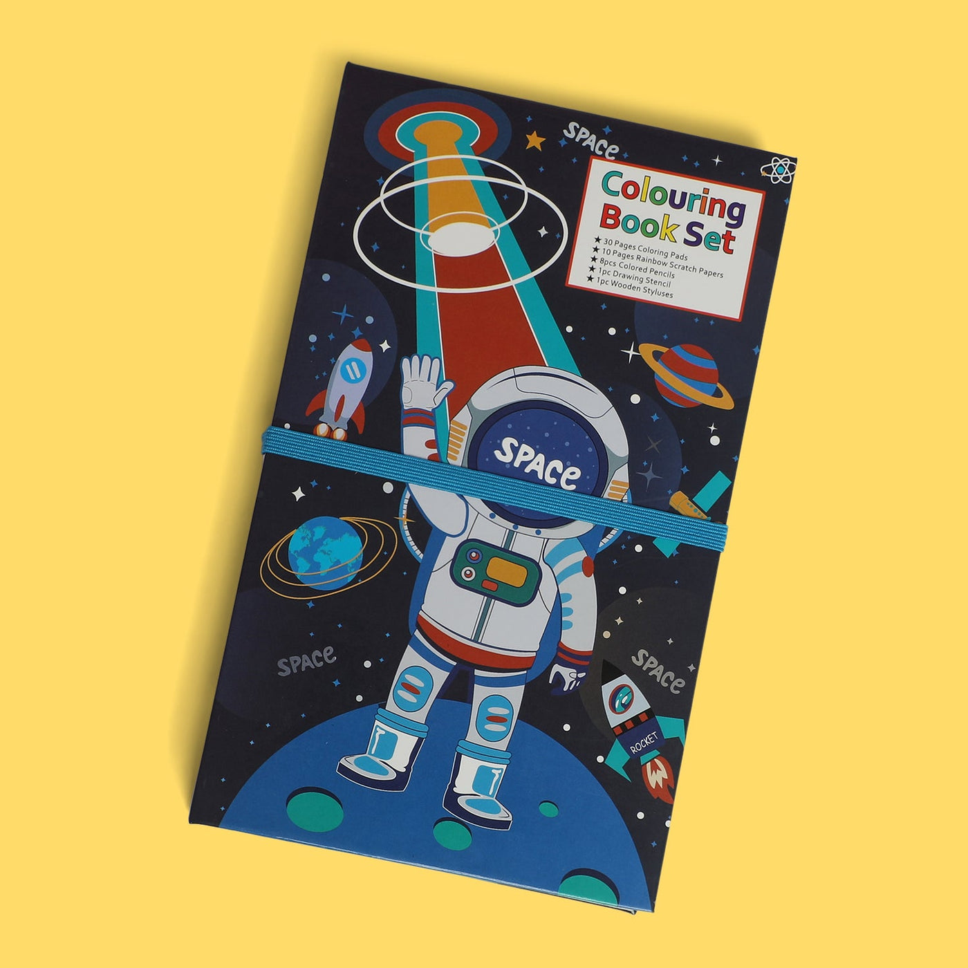 space 3 fold colouring book with scratch notes,colouring pencil and stencil