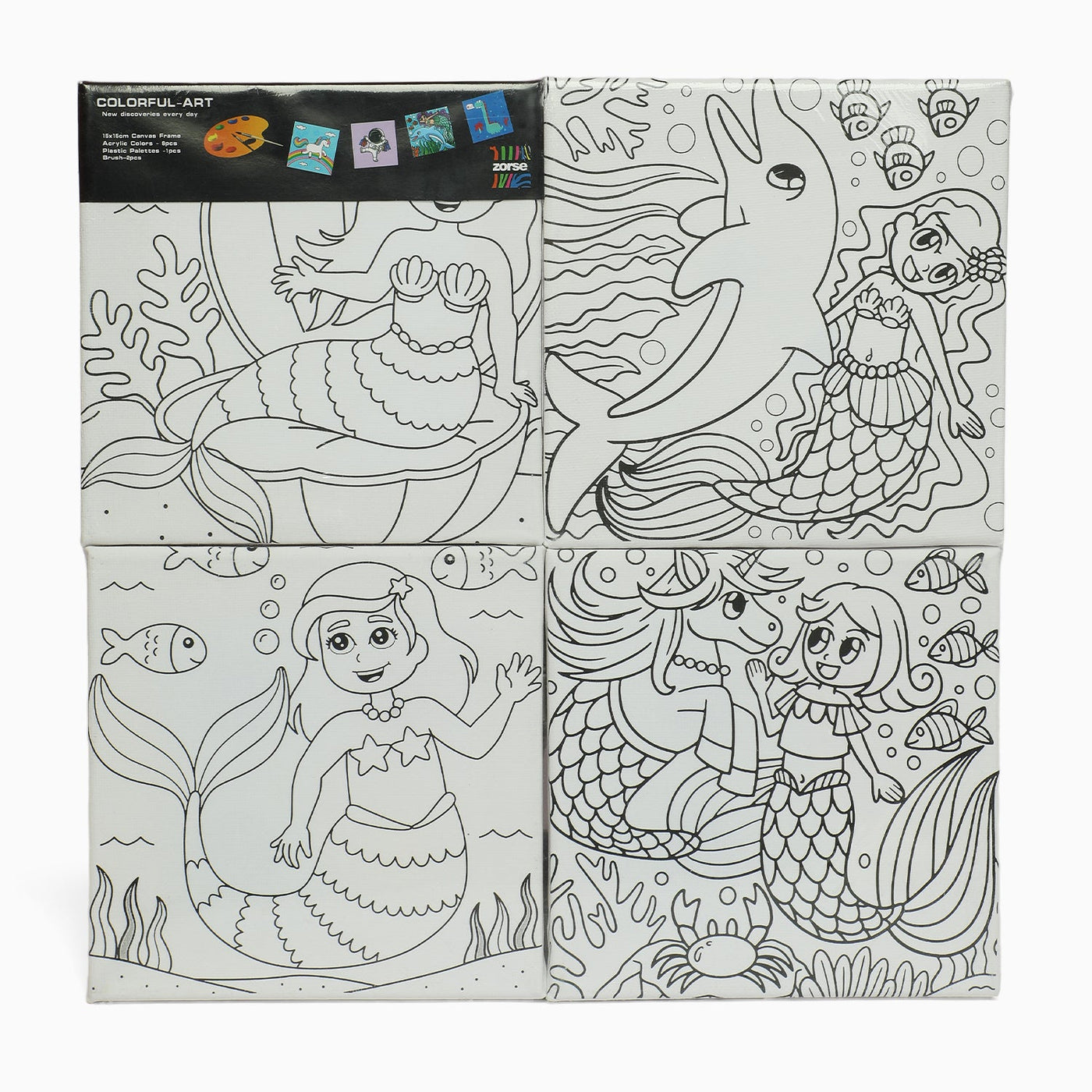 ZORSE Mermaid 4pc eight shades of Expression  wooden frame canvas painting set 15 x 15cm