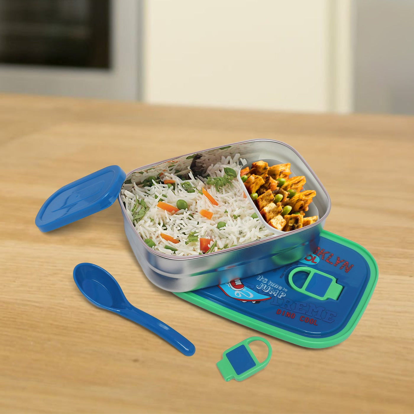 Dino Stainless-Steel 2 compartment Lunch Box for Kids