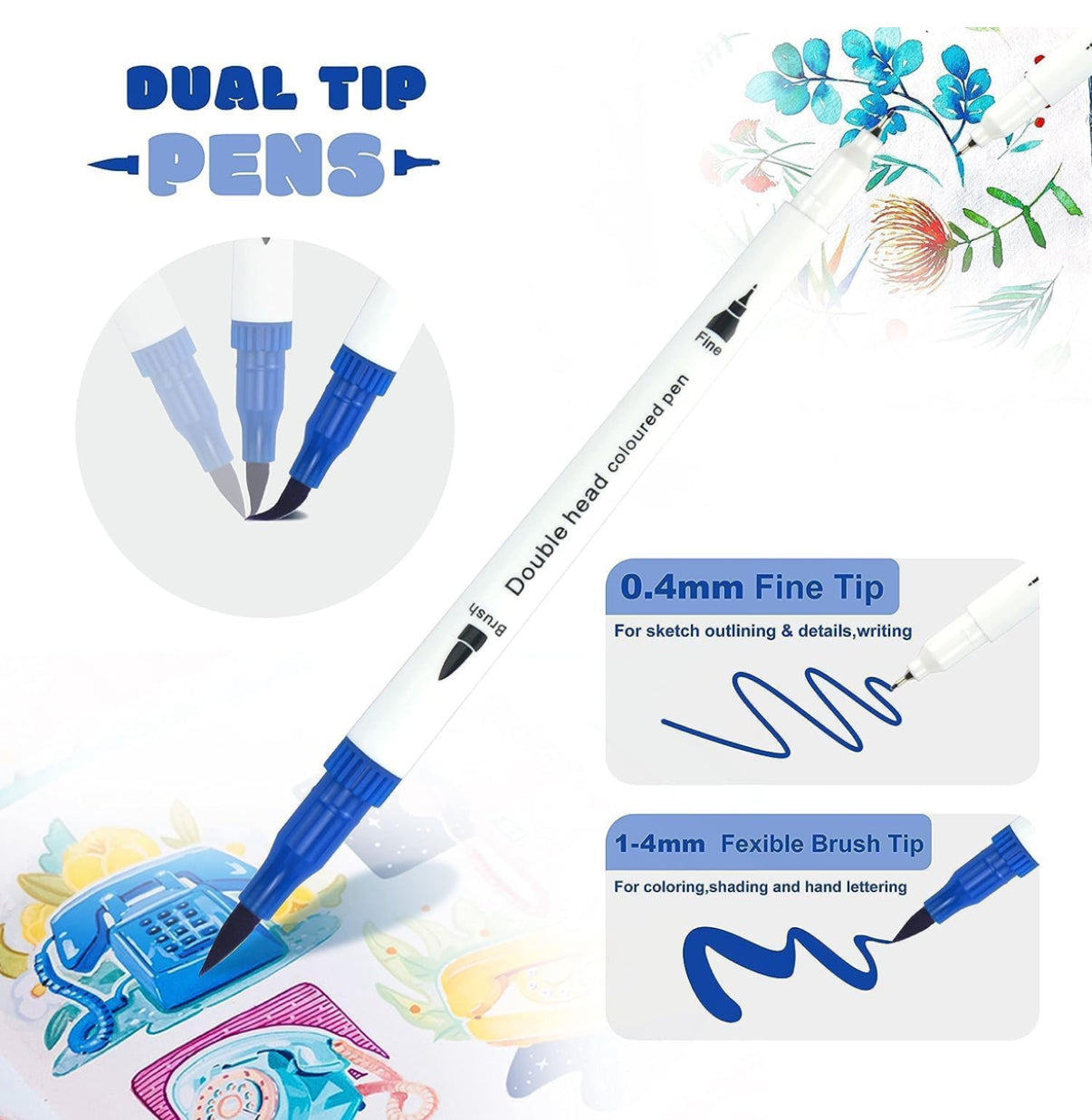 Coloring Pens Set with 12 Colors, Dual Tip Brush Pens and Fine Point of 0.4mm & 2 mm