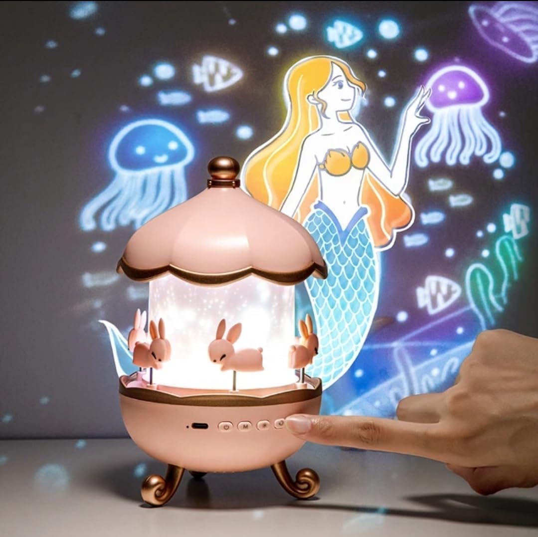 Rotating Night Light Projector with Music & Rabbit Carousel Design