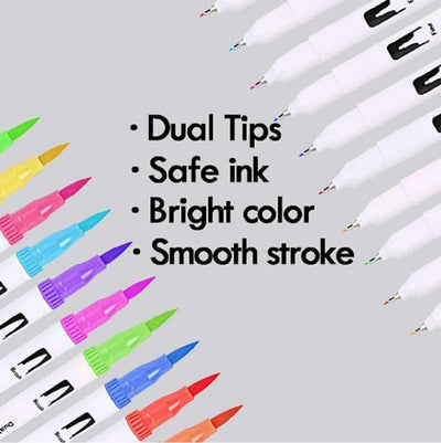 Coloring Pens Set with 12 Colors, Dual Tip Brush Pens and Fine Point of 0.4mm & 2 mm