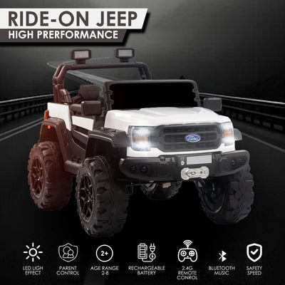Baby Moo Ford 4X4 Battery Operated Electric Ride On Jeep Rechargeable 12V Battery With Remote Control LED Lights, Music & USB Port - White