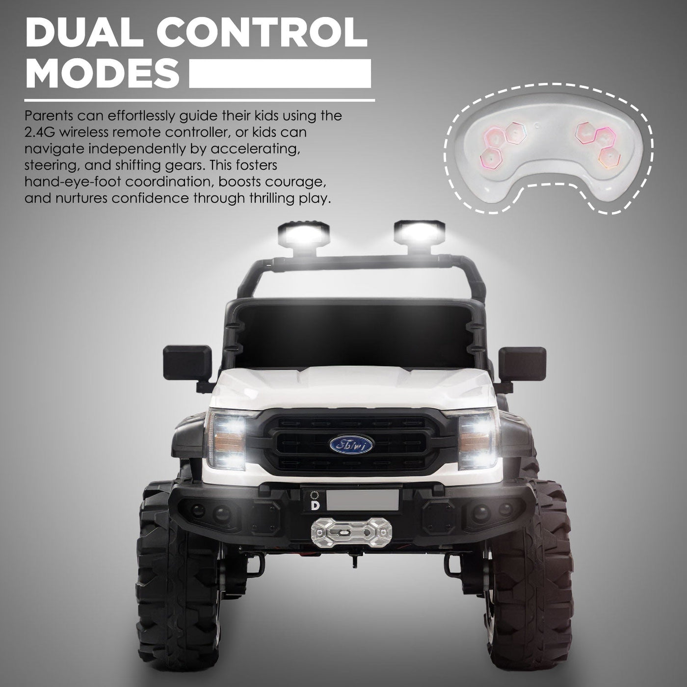 Baby Moo Ford 4X4 Battery Operated Electric Ride On Jeep Rechargeable 12V Battery With Remote Control LED Lights, Music & USB Port - White
