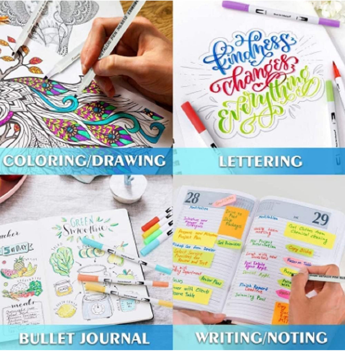 Coloring Pens Set with 12 Colors, Dual Tip Brush Pens and Fine Point of 0.4mm & 2 mm