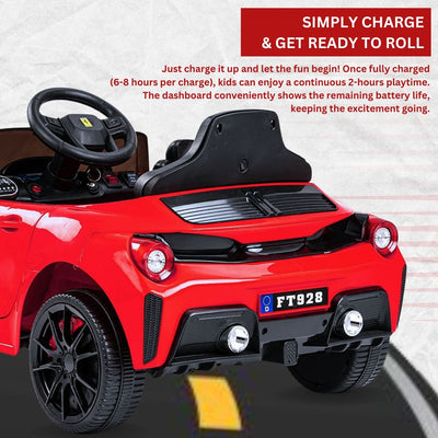 Baby Moo Ferrari F8 12V Battery Operated Ride On Car for Kids | Electric Car with Remote Control | Rechargeable Battery-Powered Toy with LED Lights, Music & USB Port | Age 2-8 - Red