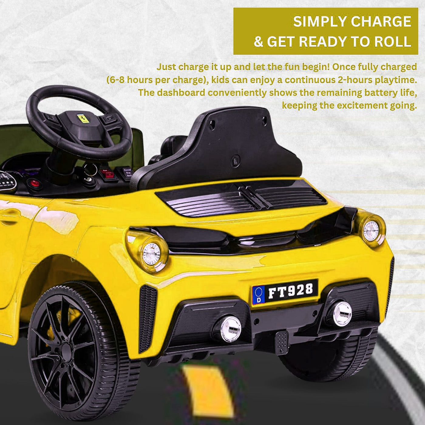 Baby Moo Ferrari F8 12V Battery Operated Ride On Car for Kids | Remote Control | Rechargeable Battery | USB MP3 Player | Ages 1-6 - Yellow