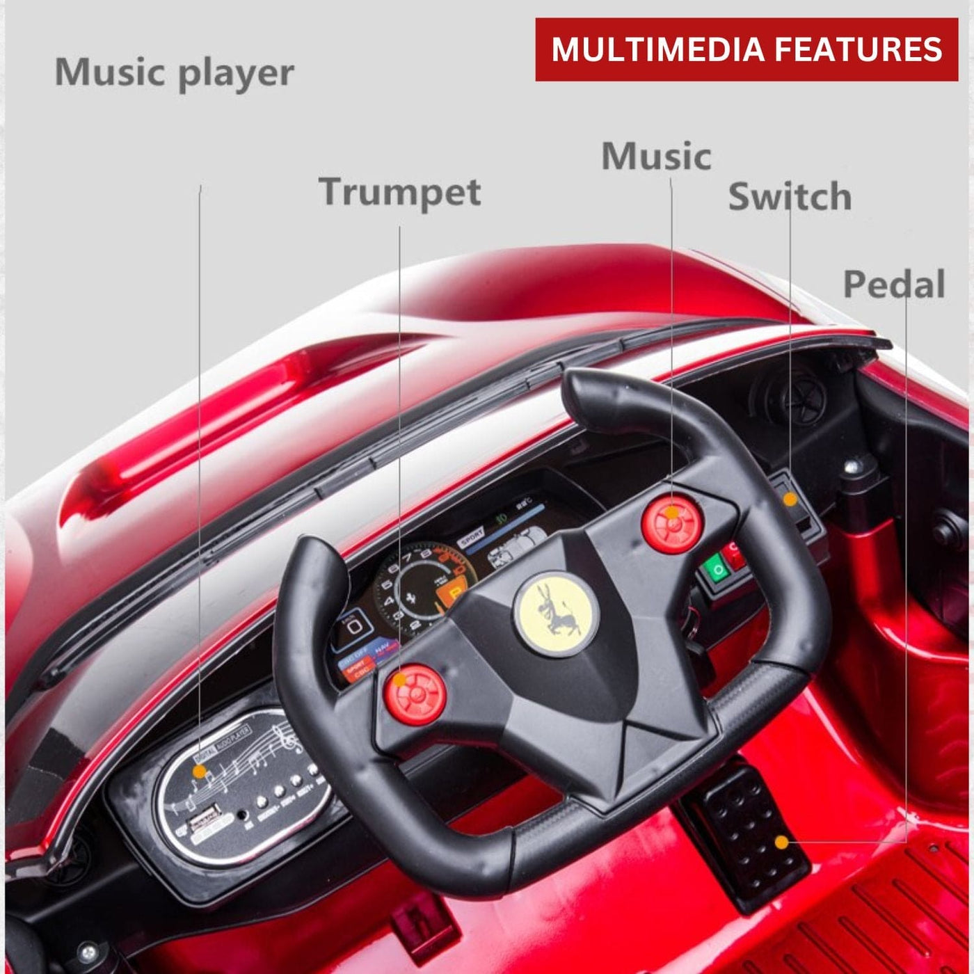 Baby Moo Ferrari F8 12V Battery Operated Ride On Car for Kids | Remote Control | Rechargeable Battery | USB MP3 Player | Ages 1-6 - Red
