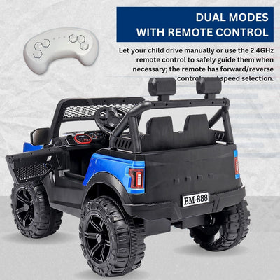 Baby Moo Pobo Electric Ride-On Car for Kids | Rechargeable Battery | Bluetooth Remote Control | USB MP3 Player | Double Seat | Age 2-6 - Blue