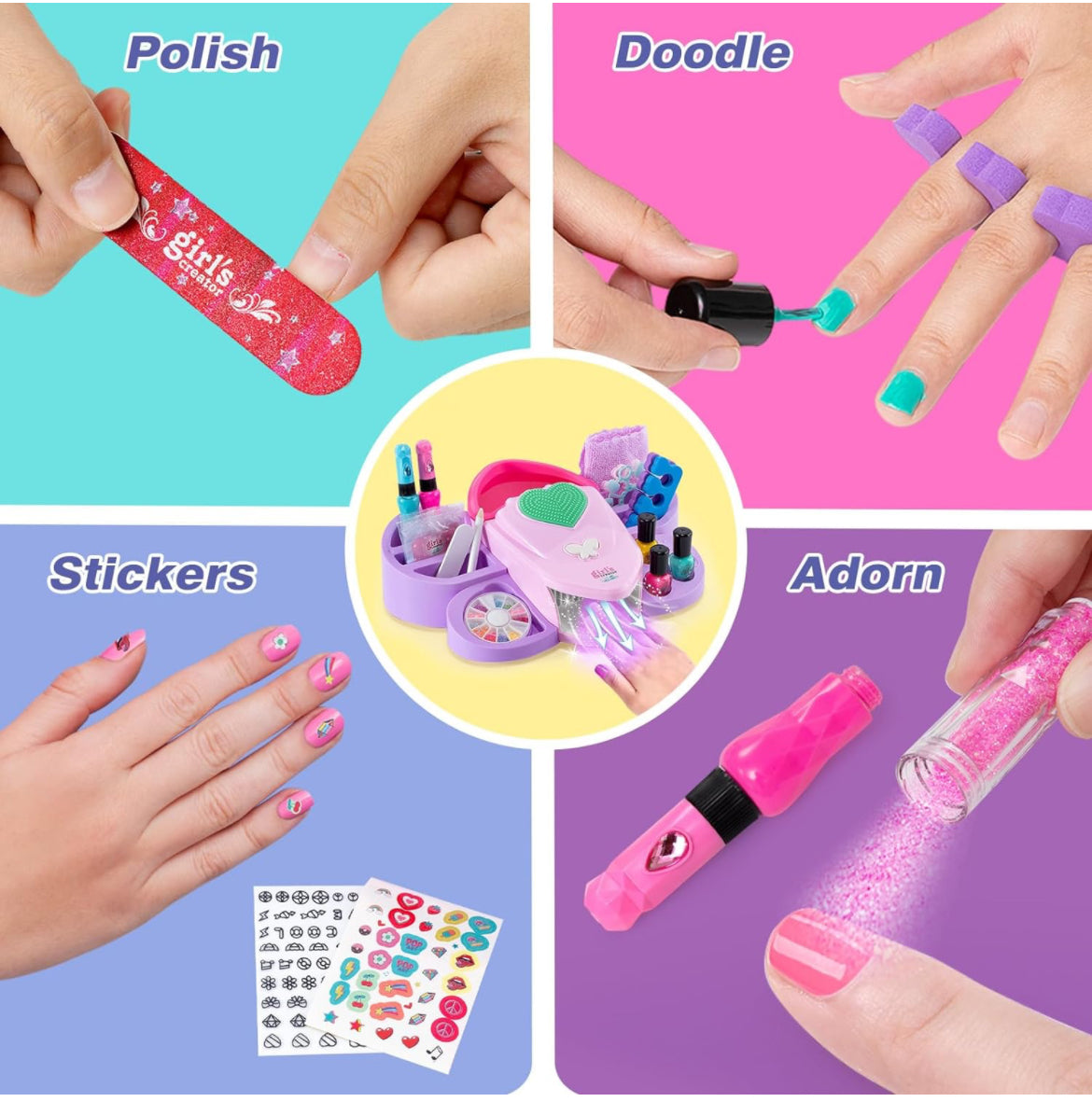Kids Nail Polish Set for Girls Toy 6-12 Years Old, Nail Art Kit Storage Desk with Nail Dryer&Hand Massage Spa Kit, Kid Manicure Salon