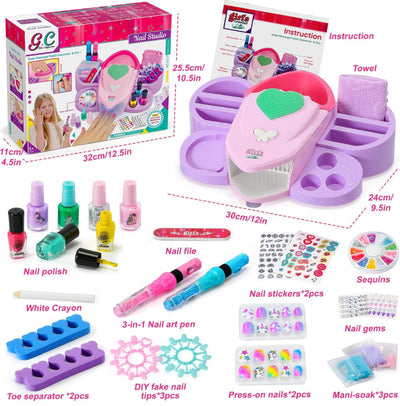 Kids Nail Polish Set for Girls Toy 6-12 Years Old, Nail Art Kit Storage Desk with Nail Dryer&Hand Massage Spa Kit, Kid Manicure Salon