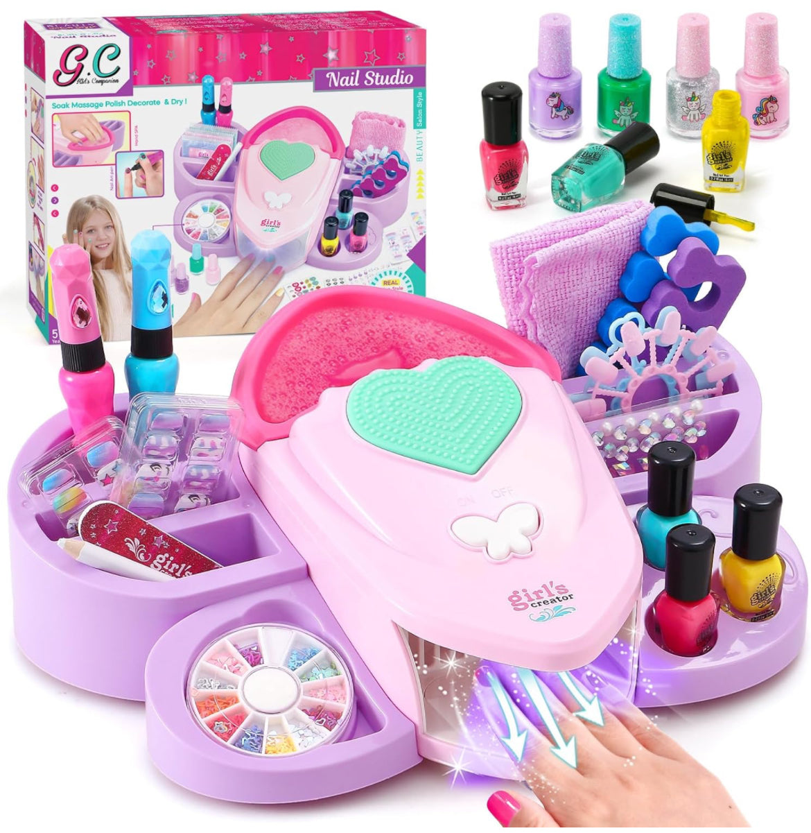 Kids Nail Polish Set for Girls Toy 6-12 Years Old, Nail Art Kit Storage Desk with Nail Dryer&Hand Massage Spa Kit, Kid Manicure Salon