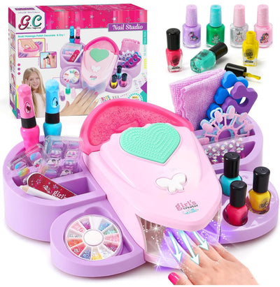 Kids Nail Polish Set for Girls Toy 6-12 Years Old, Nail Art Kit Storage Desk with Nail Dryer&Hand Massage Spa Kit, Kid Manicure Salon