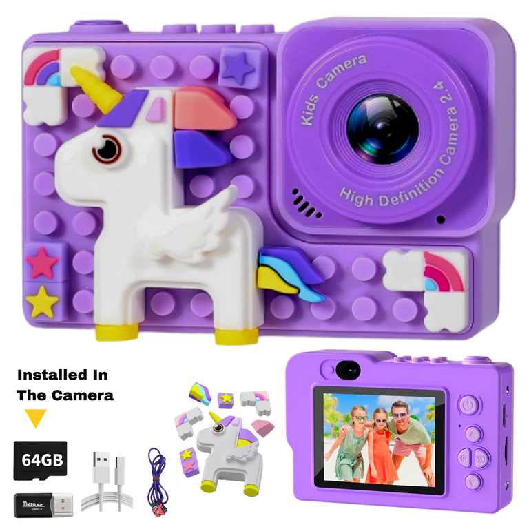Kids Camera Dinosaur for years 3 to 8 Years Digital Camera for Children with Building Block Dual Lens 2.4 Inch HD Screen 64GB inbuilt music player and games