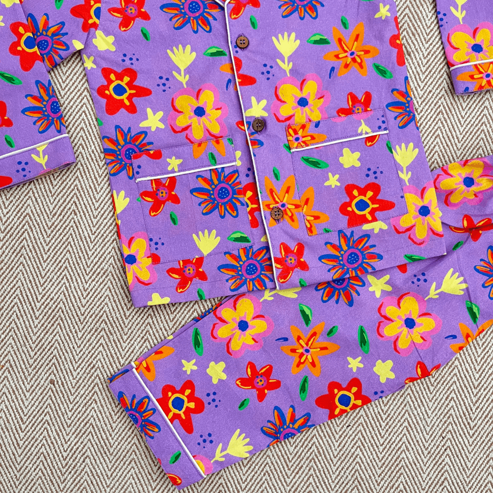 Bhaakur Organic Cotton Purple Floral Night Suit