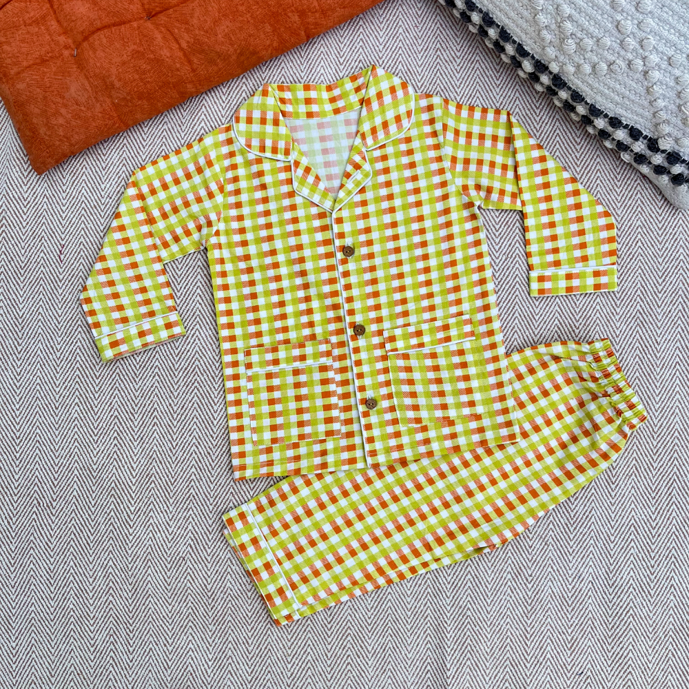 Bhaakur Organic Cotton Orange Green Checks Night Suit