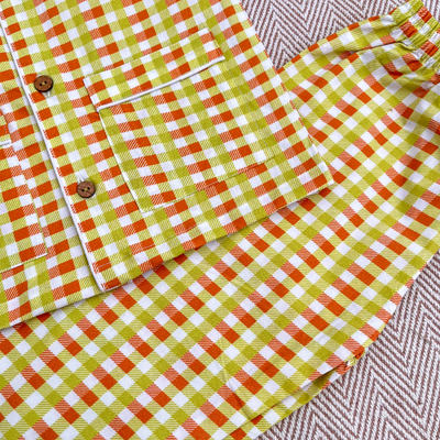 Bhaakur Organic Cotton Orange Green Checks Night Suit