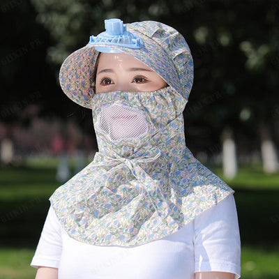 Kids/women USB charging face mask with fan breathable sun hat summer UV protection neck cover cap Visor ( plant )