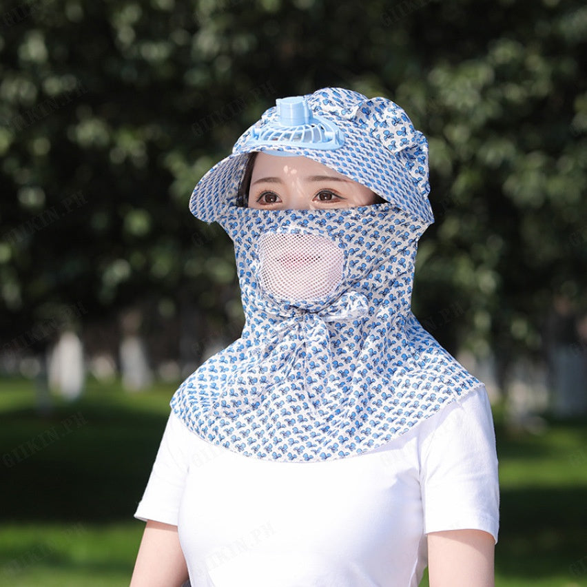 Kids/women USB charging face mask with fan breathable sun hat summer UV protection neck cover cap Visor ( blue bow )