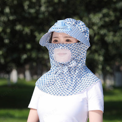 Kids/women USB charging face mask with fan breathable sun hat summer UV protection neck cover cap Visor ( blue bow )