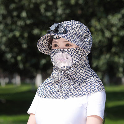 Kids/women USB charging face mask with fan breathable sun hat summer UV protection neck cover cap Visor ( black bow )