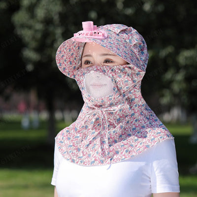 Kids/women USB charging face mask with fan breathable sun hat summer UV protection neck cover cap Visor ( red bunny)