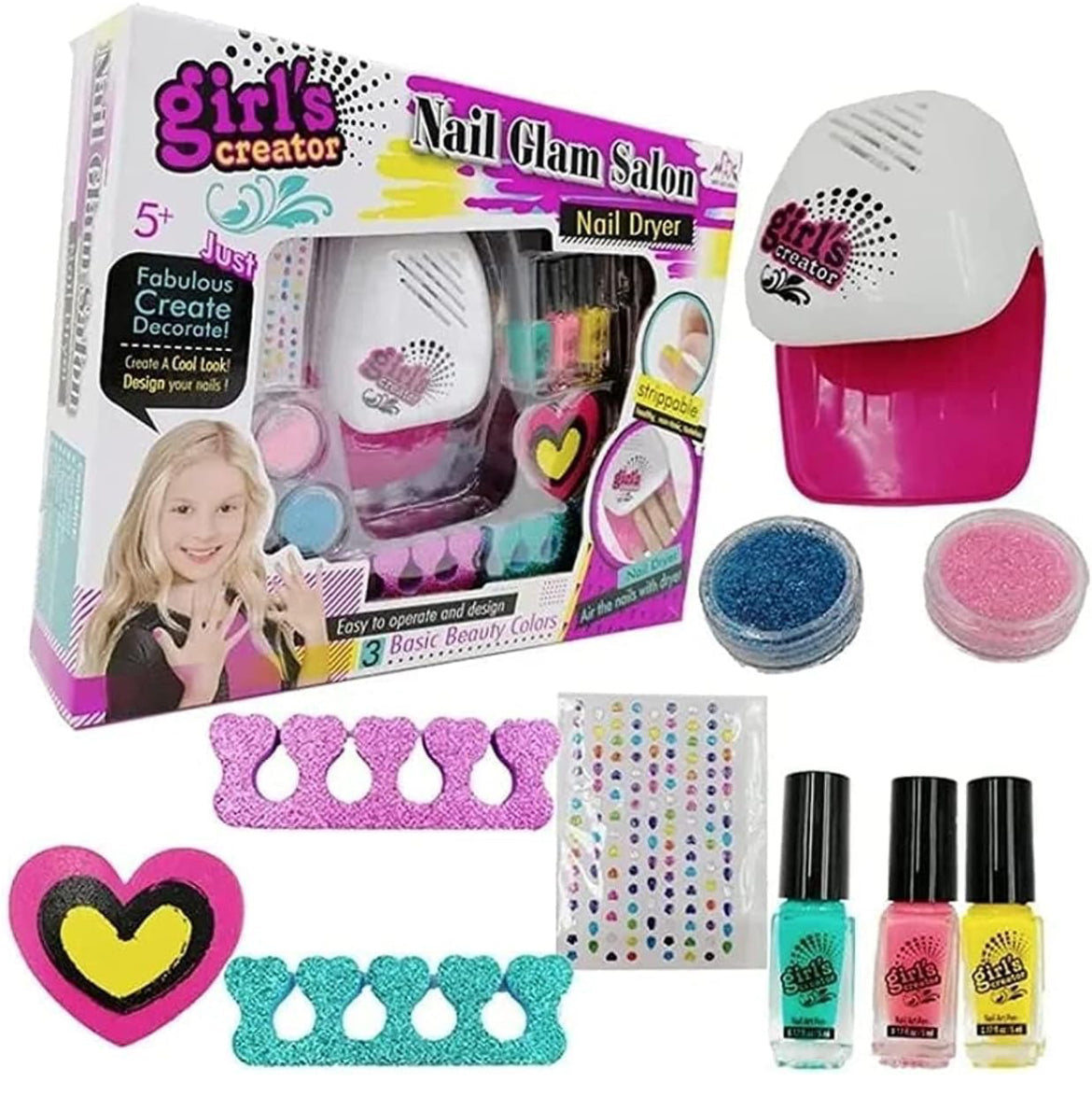 Kids Nail Polish Set, Glam Nail Salon, Pedicure and Manicure Kit, Girls Nail Kit 5-12 Years Old Girls Nail Salon Decoration Set with Nail Dryer 10 pcs set