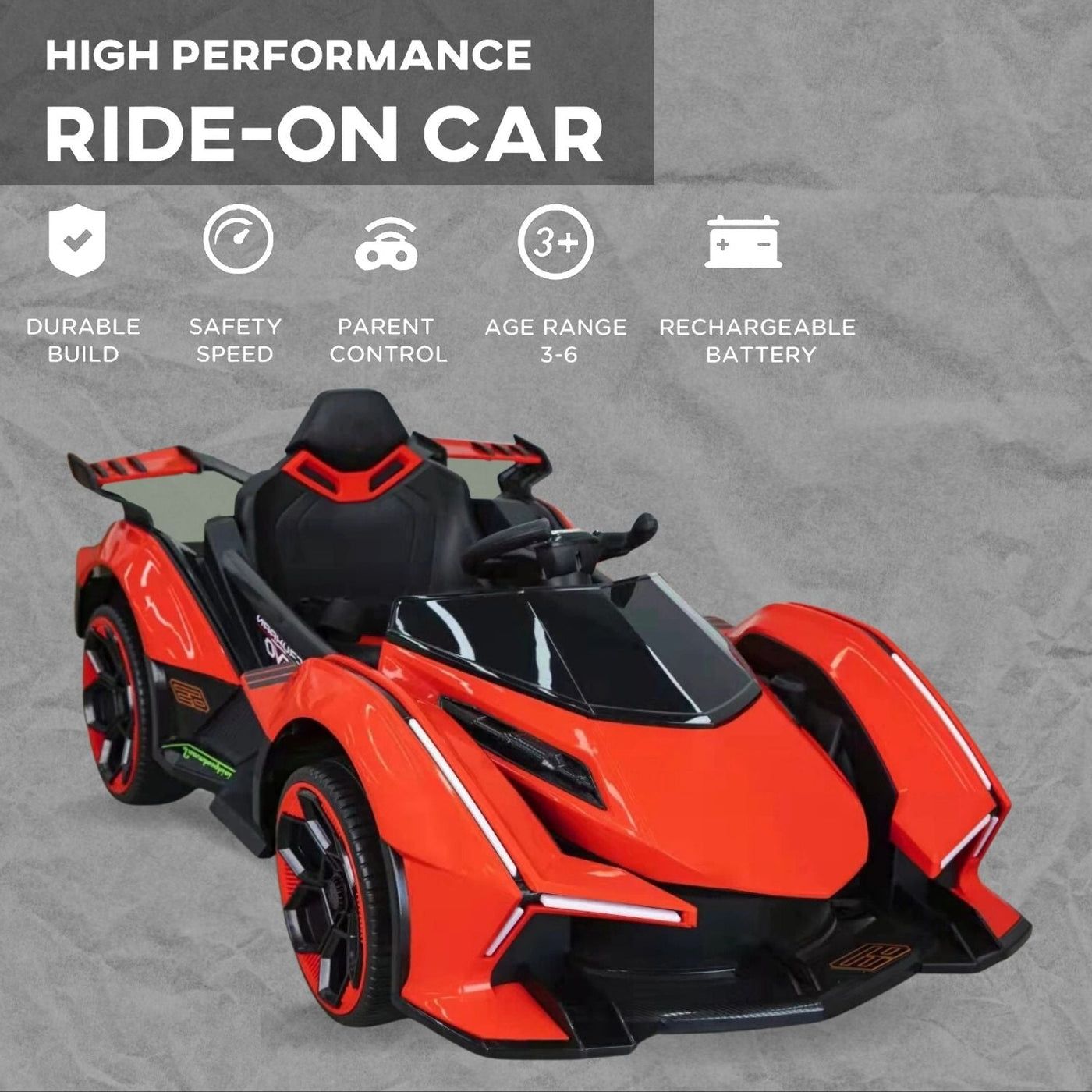 Baby Moo Lambo Ride-On Sports Car | 12V Kids Electric Toy Vehicle | Parental Remote Control | USB MP3 Player | Ages 1-6 - Red