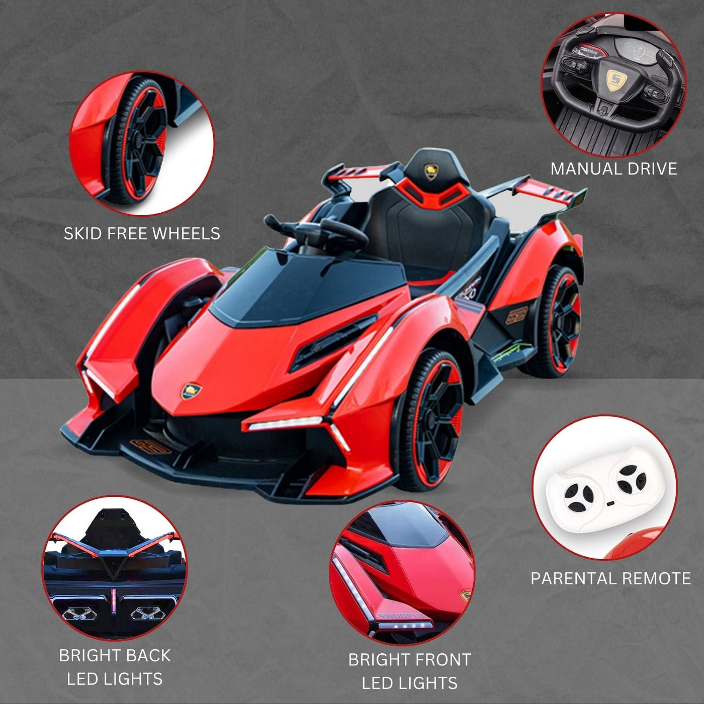 Baby Moo Lambo Ride-On Sports Car | 12V Kids Electric Toy Vehicle | Parental Remote Control | USB MP3 Player | Ages 1-6 - Red