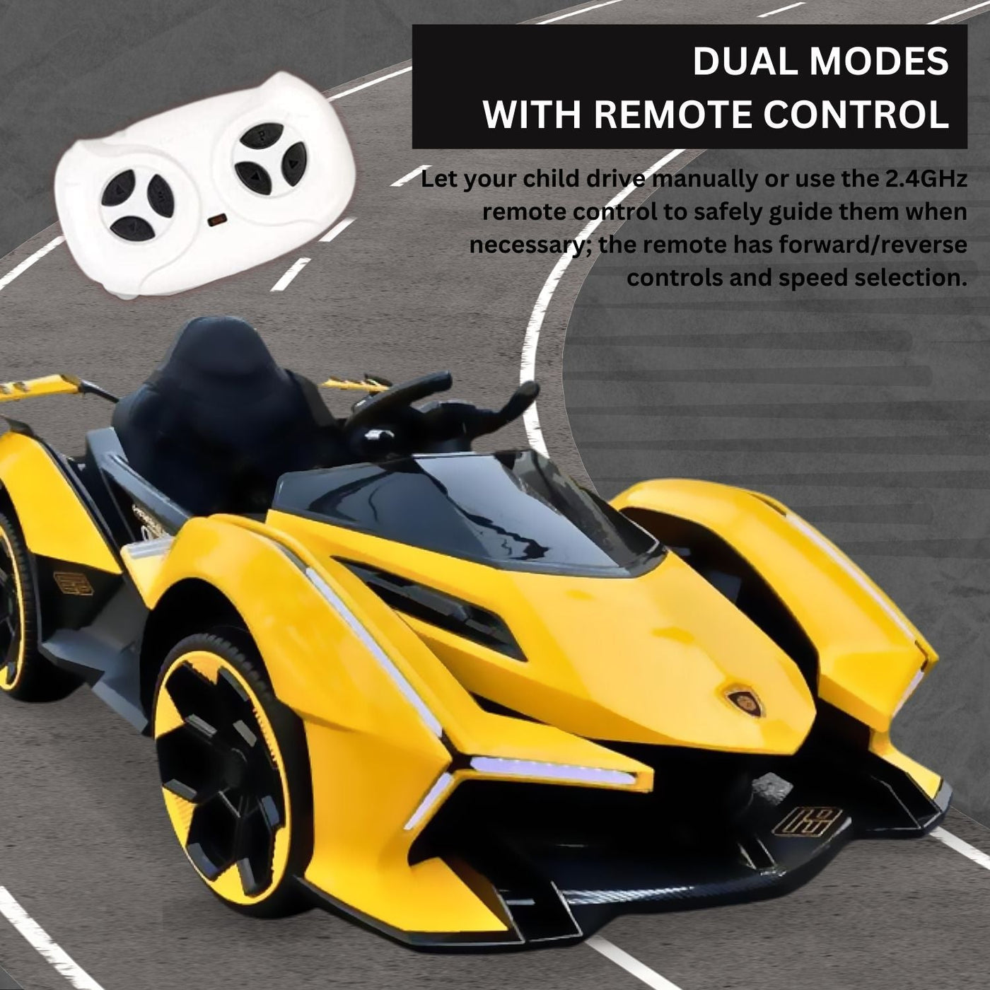 Baby Moo Lambo Ride-On Sports Car | 12V Kids Electric Toy Vehicle | Parental Remote Control | USB MP3 Player | Ages 1-6 - Yellow