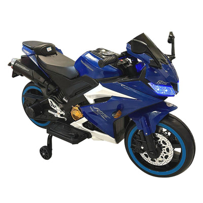 Baby Moo R15 Rechargeable 12V Battery Operated Ride On Bike for Kids with LED Lights, Music, and USB Port - Blue