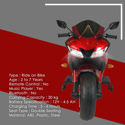 Baby Moo R15 Rechargeable 12V Battery Operated Ride On Bike for Kids with LED Lights, Music, and USB Port - Red