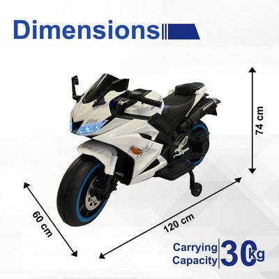 Baby Moo R15 Rechargeable 12V Battery Operated Ride On Bike for Kids with LED Lights, Music, and USB Port - White