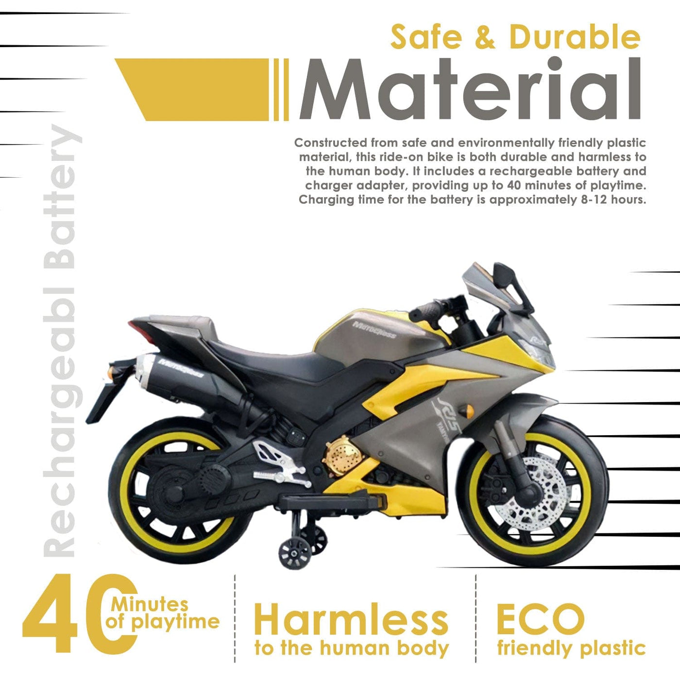 Baby Moo R15 Rechargeable 12V Battery Operated Ride On Bike for Kids with LED Lights, Music, and USB Port - Yellow