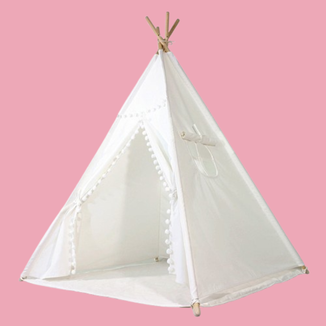 Tent/Tepee - White with Pom Poms