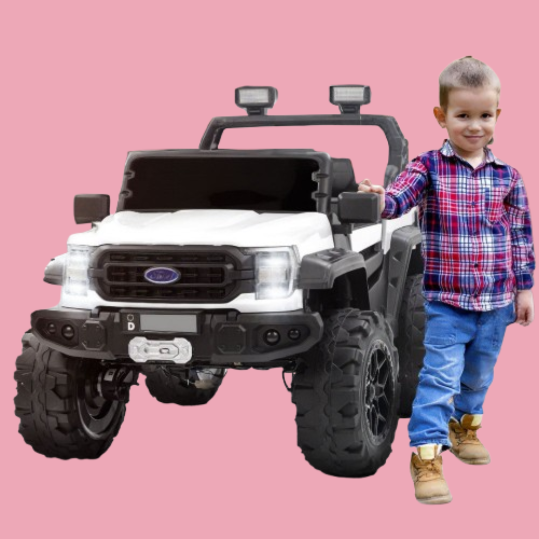 Baby Moo Ford 4X4 Battery Operated Electric Ride On Jeep Rechargeable 12V Battery With Remote Control LED Lights, Music & USB Port - White