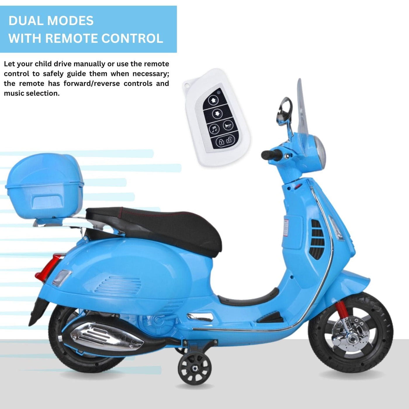 Baby Moo Vespa Rechargeable Battery Operated Bike With Music & Light With Remote - Blue