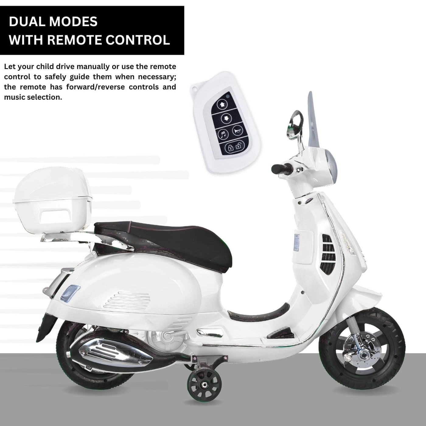 Baby Moo Vespa Rechargeable Battery Operated Bike With Music & Light With Remote - White
