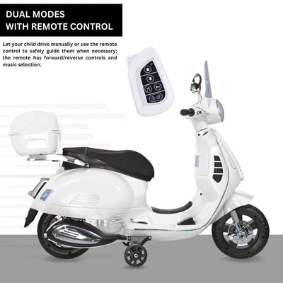 Baby Moo Vespa Rechargeable Battery Operated Bike With Music & Light With Remote - White
